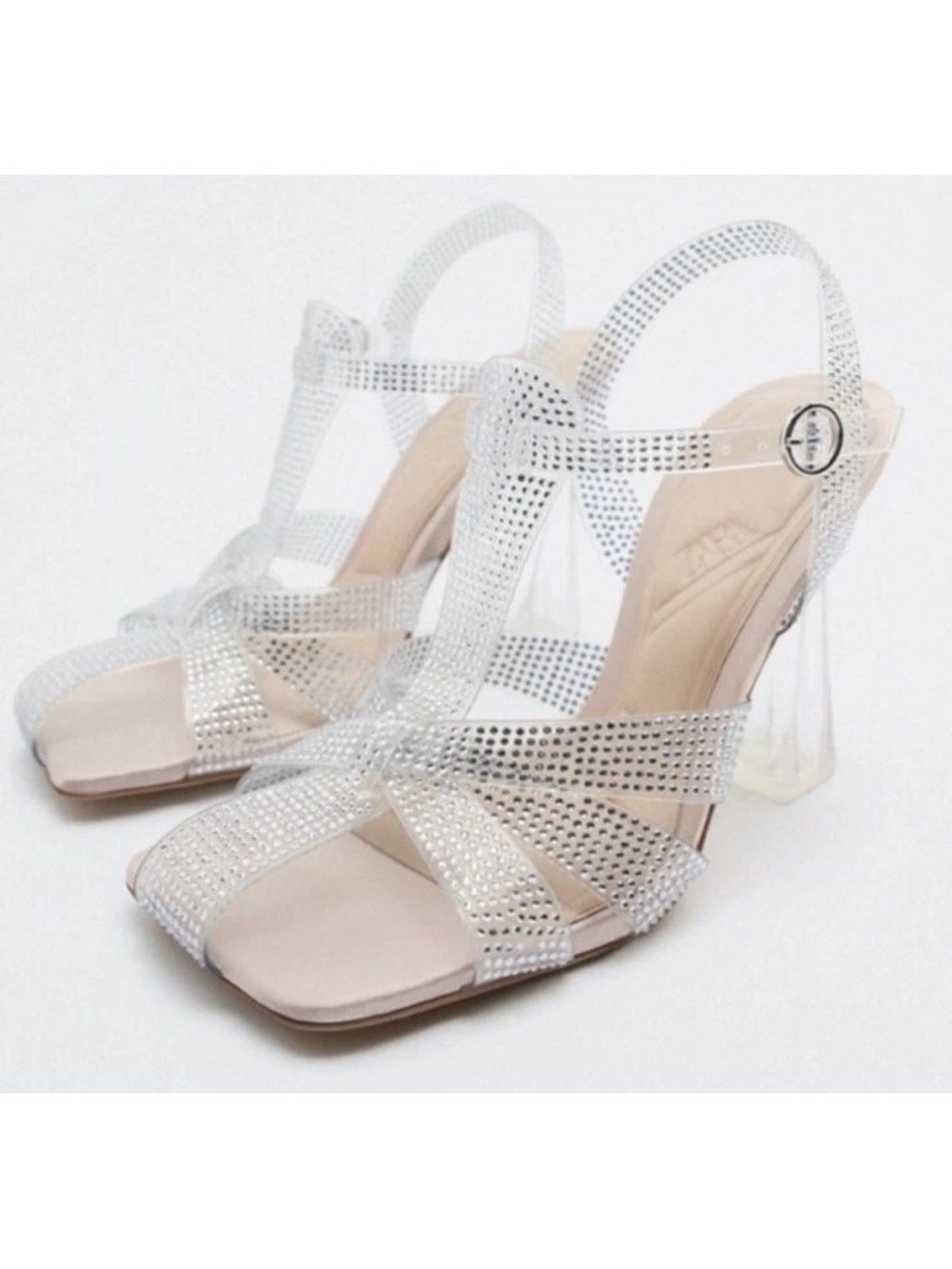 Zara Clear Crystal-Strap Heeled Sandals - Silver
